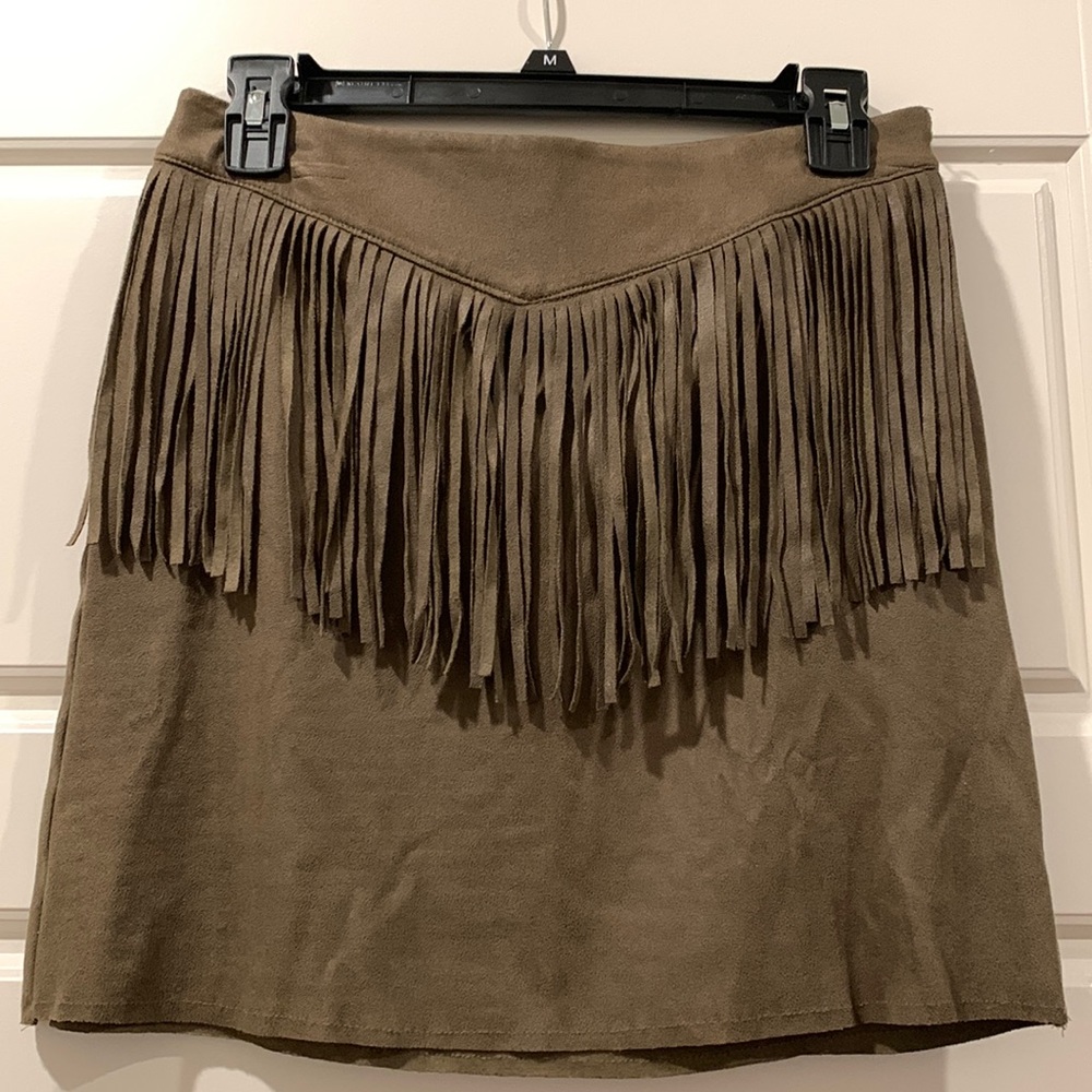 Suede Olive Green Fringe Skirt